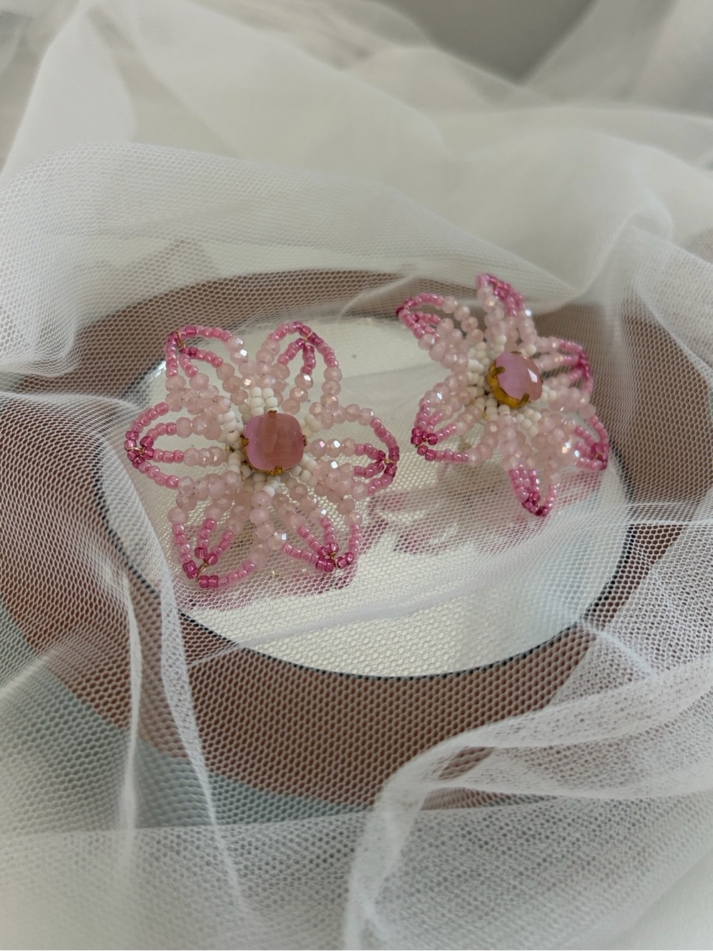 Pink Handcrafted Flower Statement Earrings - Elegant Sparkle